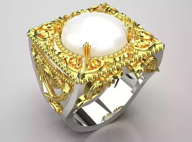 White and Yellow Gold Ring with Pearls and Reliefs gr0115
