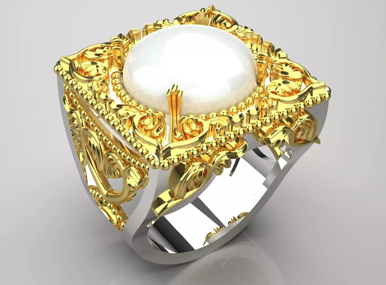 White and Yellow Gold Ring with Pearls and Reliefs gr0115 3D print model
