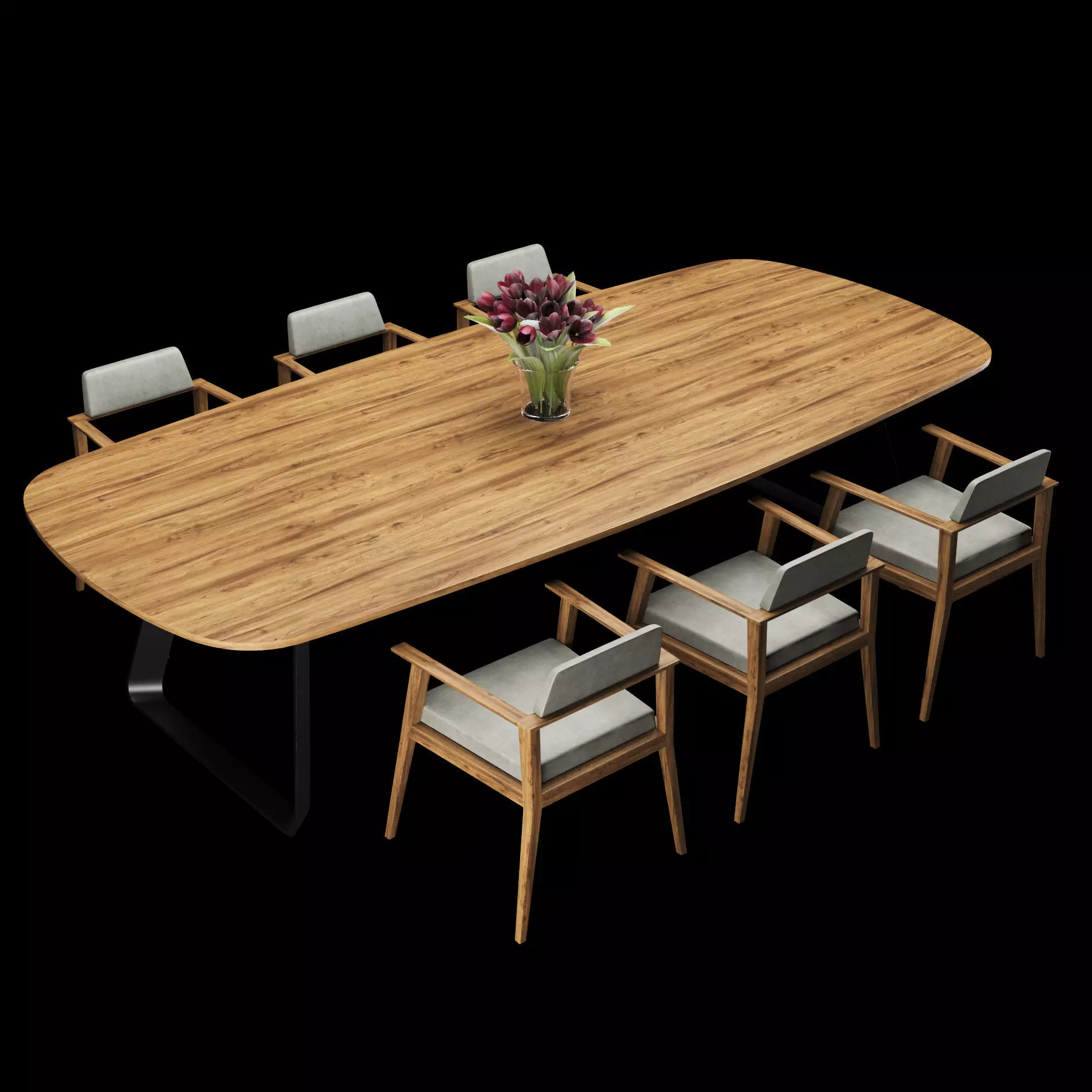 Modern Wooden Dining Table Set with Flower Bouquet 3D model
