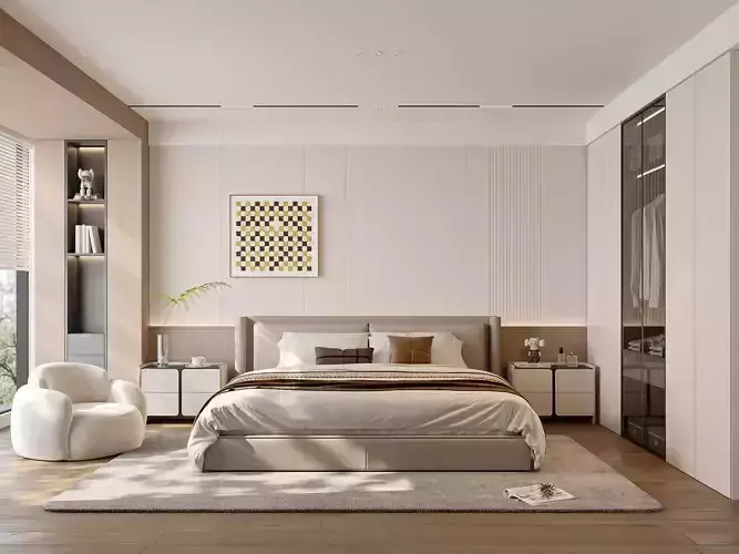 Soft Minimalist Cream Bedroom Interior 9 3D model