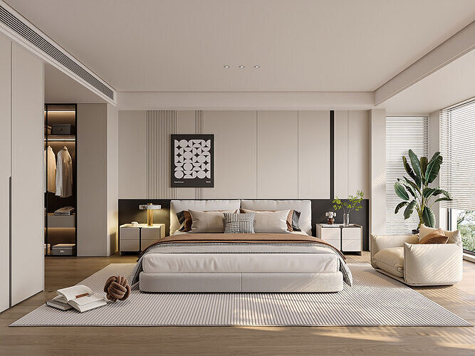 Modern Neutral Bedroom Interior with Geometric Wall Panels 13 3D model
