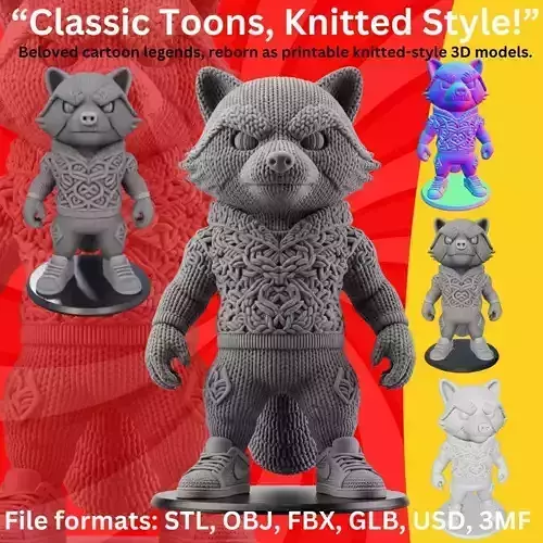 Knitted Hoodie Raccoon Figure  Stylized Designer Toy Character