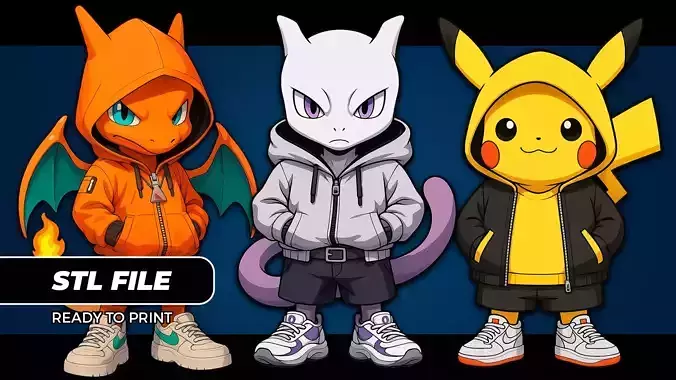 Hood Gang Pokemon Bundle Charizard Mewtwo and Pikachu STL Files 3D print model