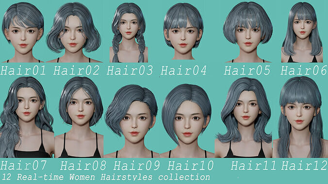 12 Real-time Women Hairstyles collection 02 Low-poly 3D model