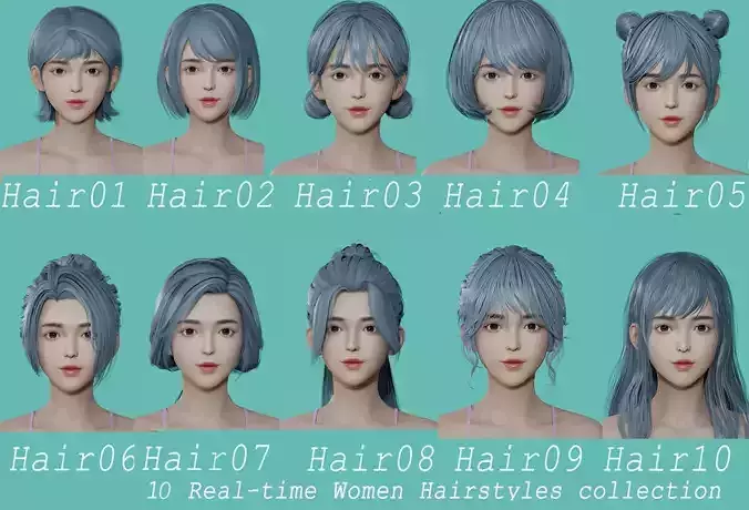 10 Real-time Women Hairstyles collection 03 Low-poly 3D model