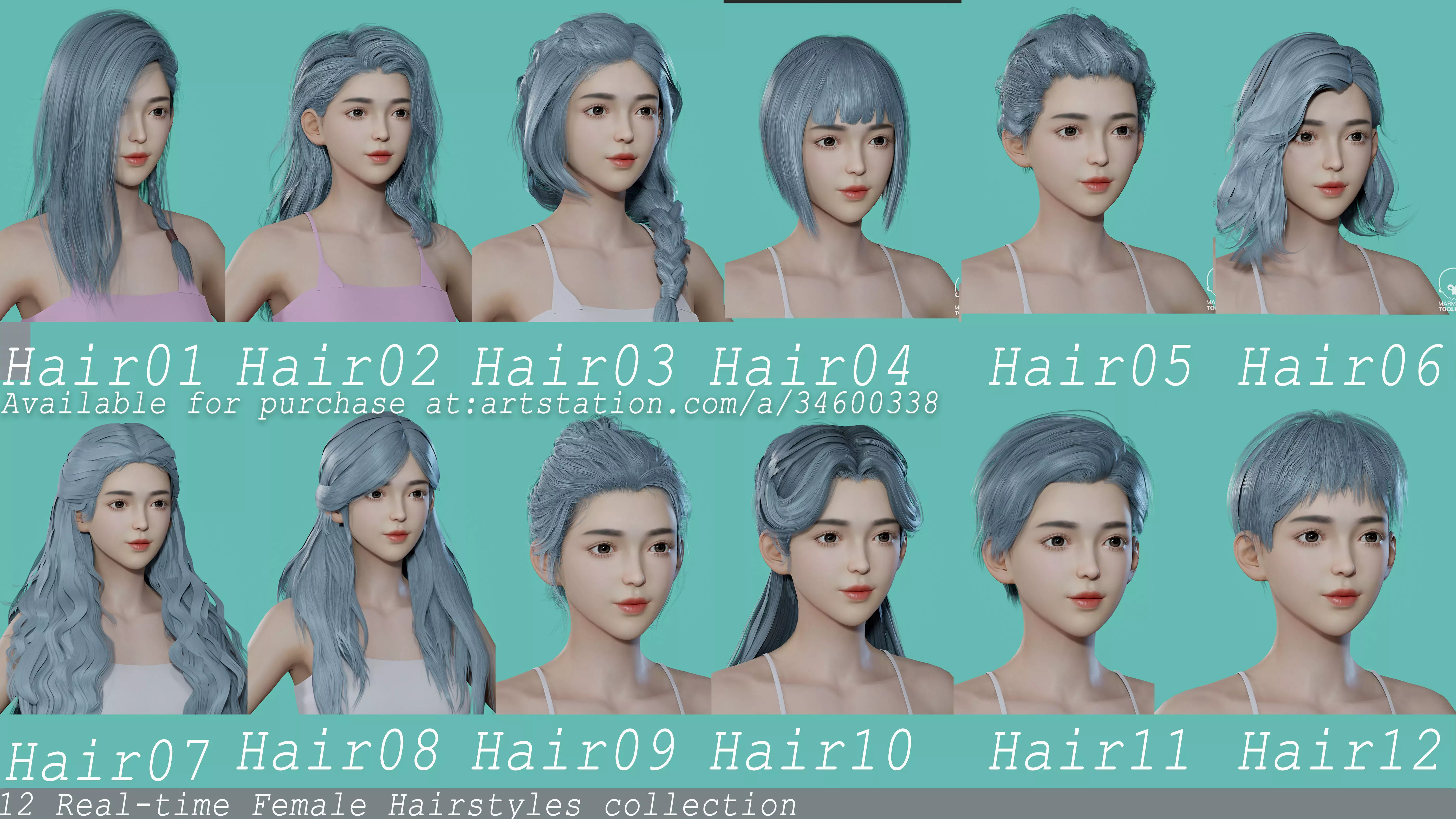 12 Real-time Women Hairstyles collection 04 Low-poly 3D model_0