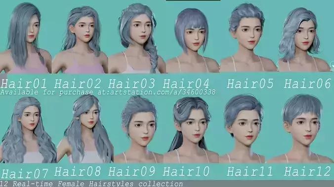 12 Real-time Women Hairstyles collection 04 Low-poly 3D model