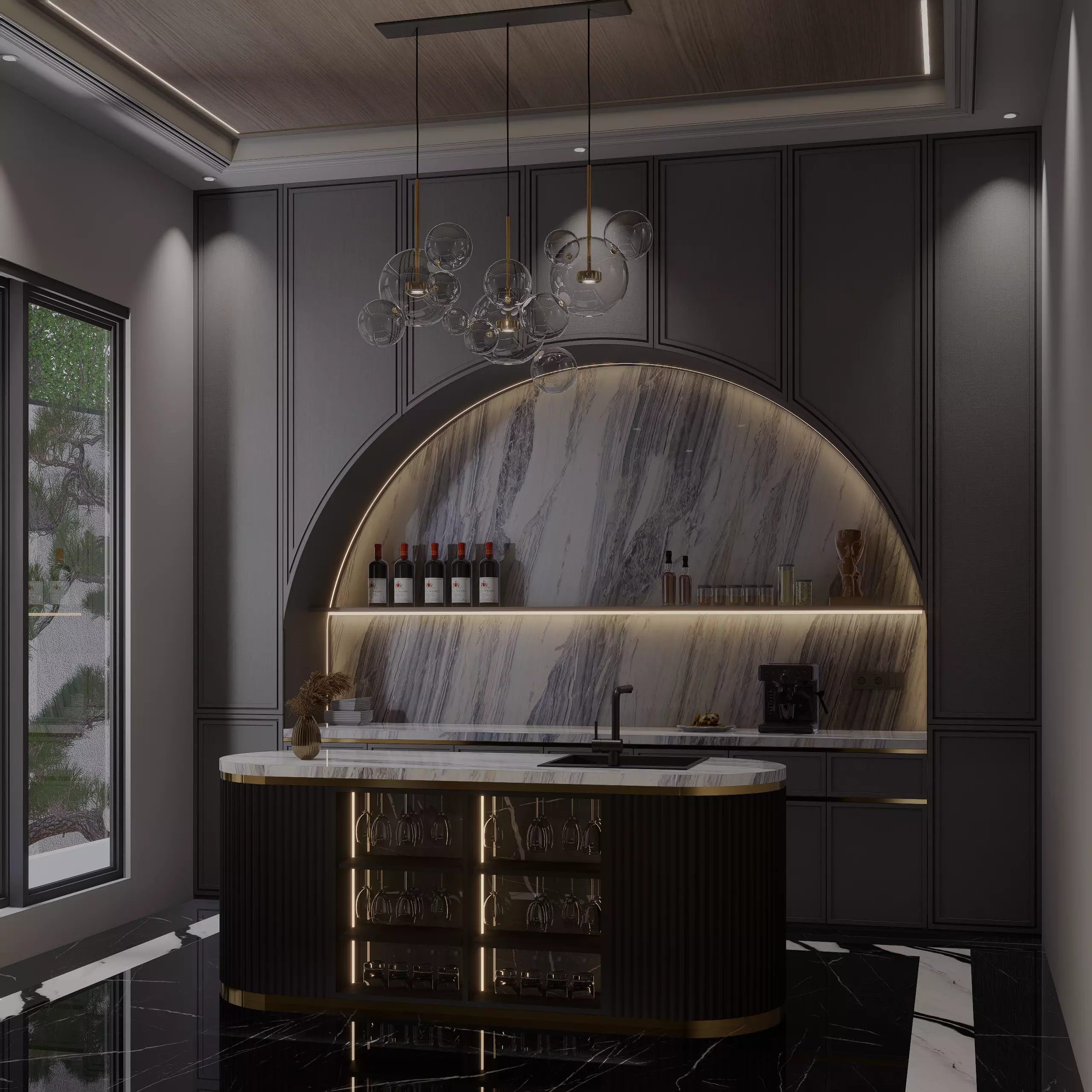 Modern Luxury Home Bar Interior Marble and LED Lighting 3D model