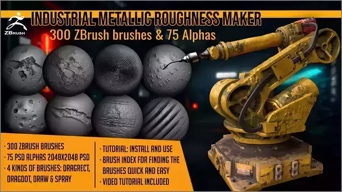 Industrial Metallic Roughness Maker 300 ZBrush brushes 