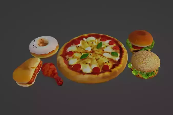 3D Scanned Fast Food Pack Pizza Burger Donut Hotdog Chicken