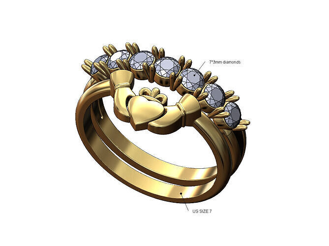 Claddagh heart guard 3mm shared prongs diamond ring US size 7 3D print model