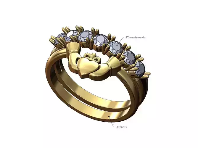 Claddagh heart guard 3mm shared prongs diamond ring US size 7