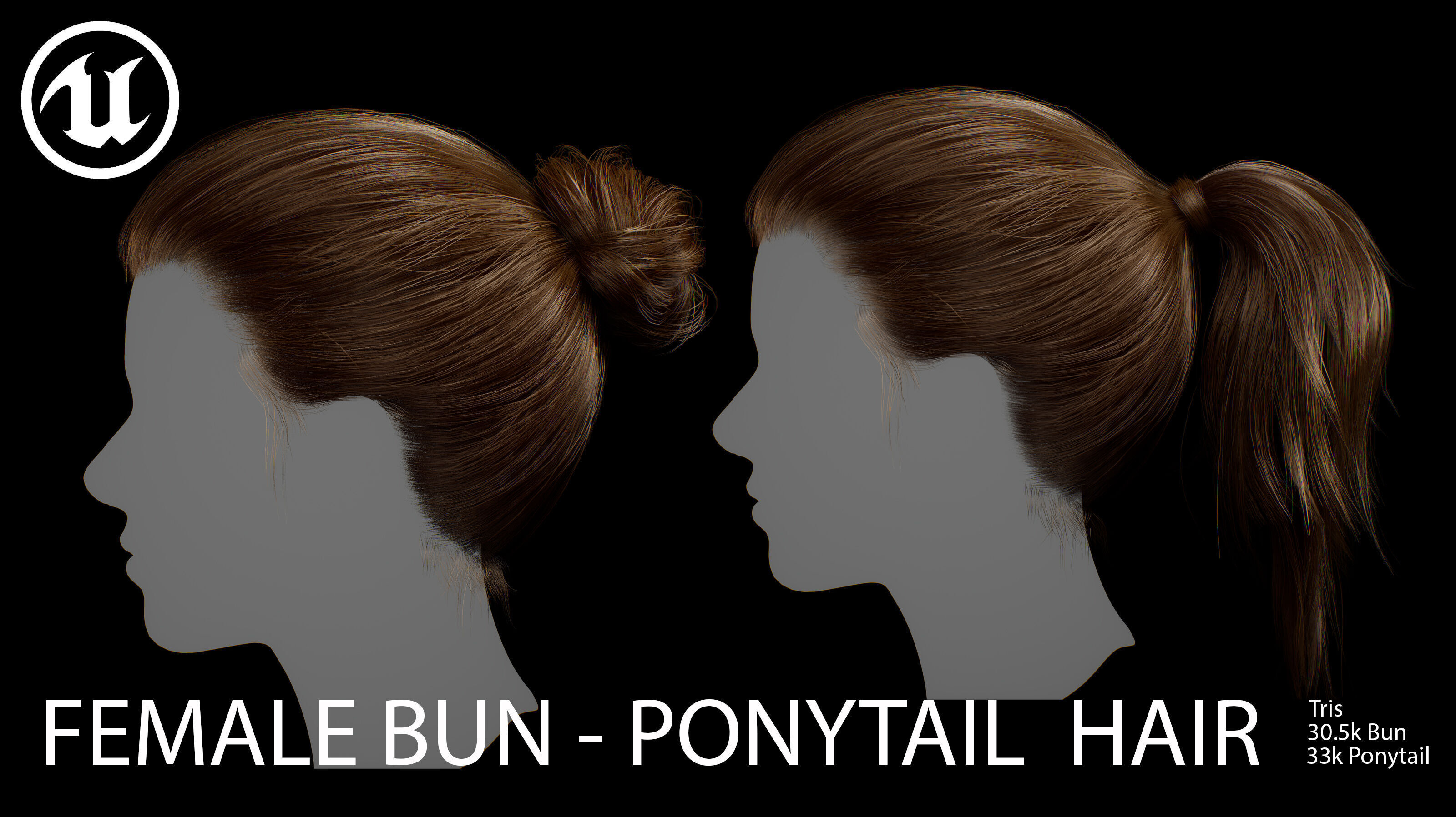 Female Bun-Ponytail hairstyle real time hair - haircards Low-poly 3D model_8