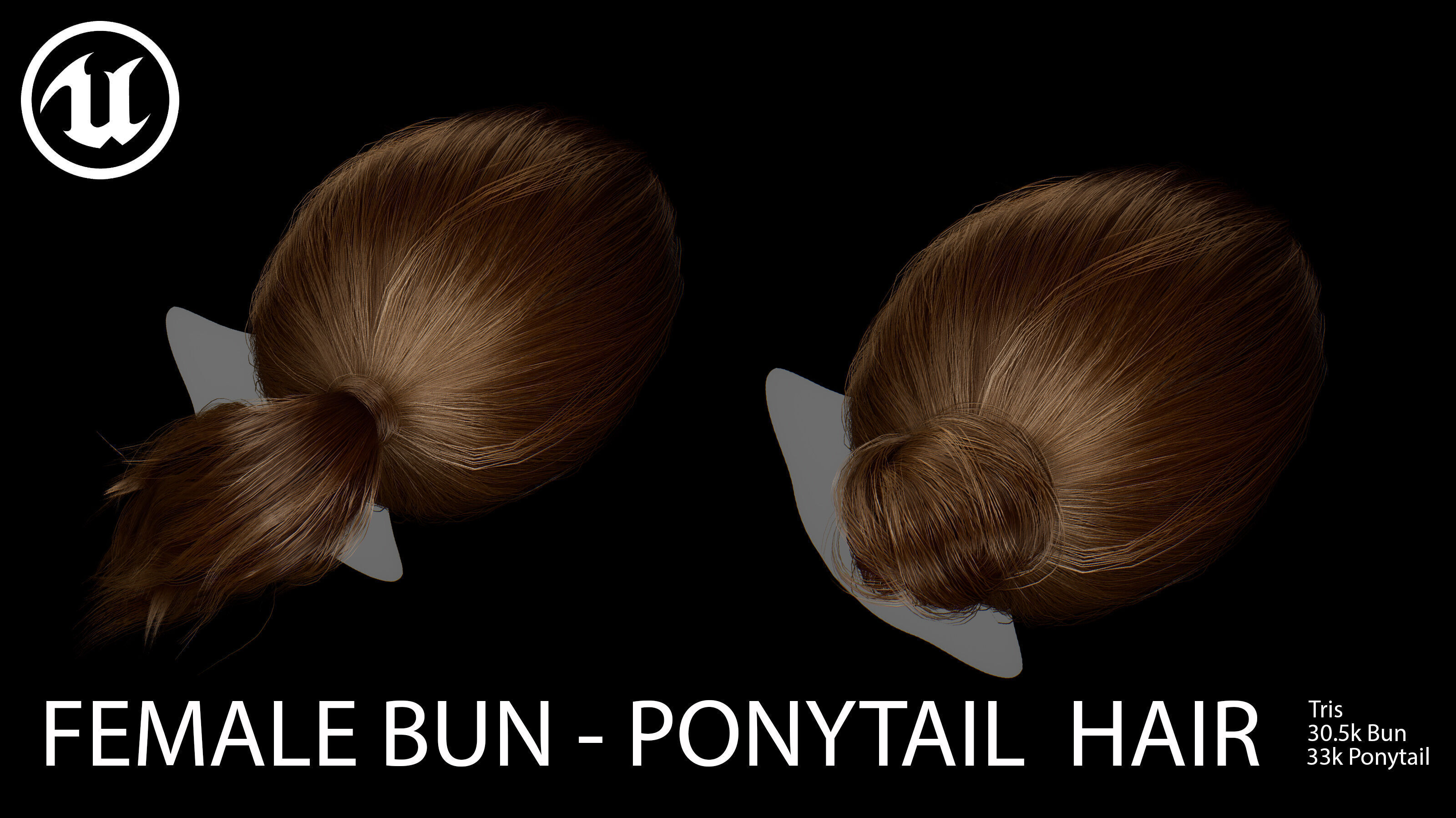 Female Bun-Ponytail hairstyle real time hair - haircards Low-poly 3D model_9