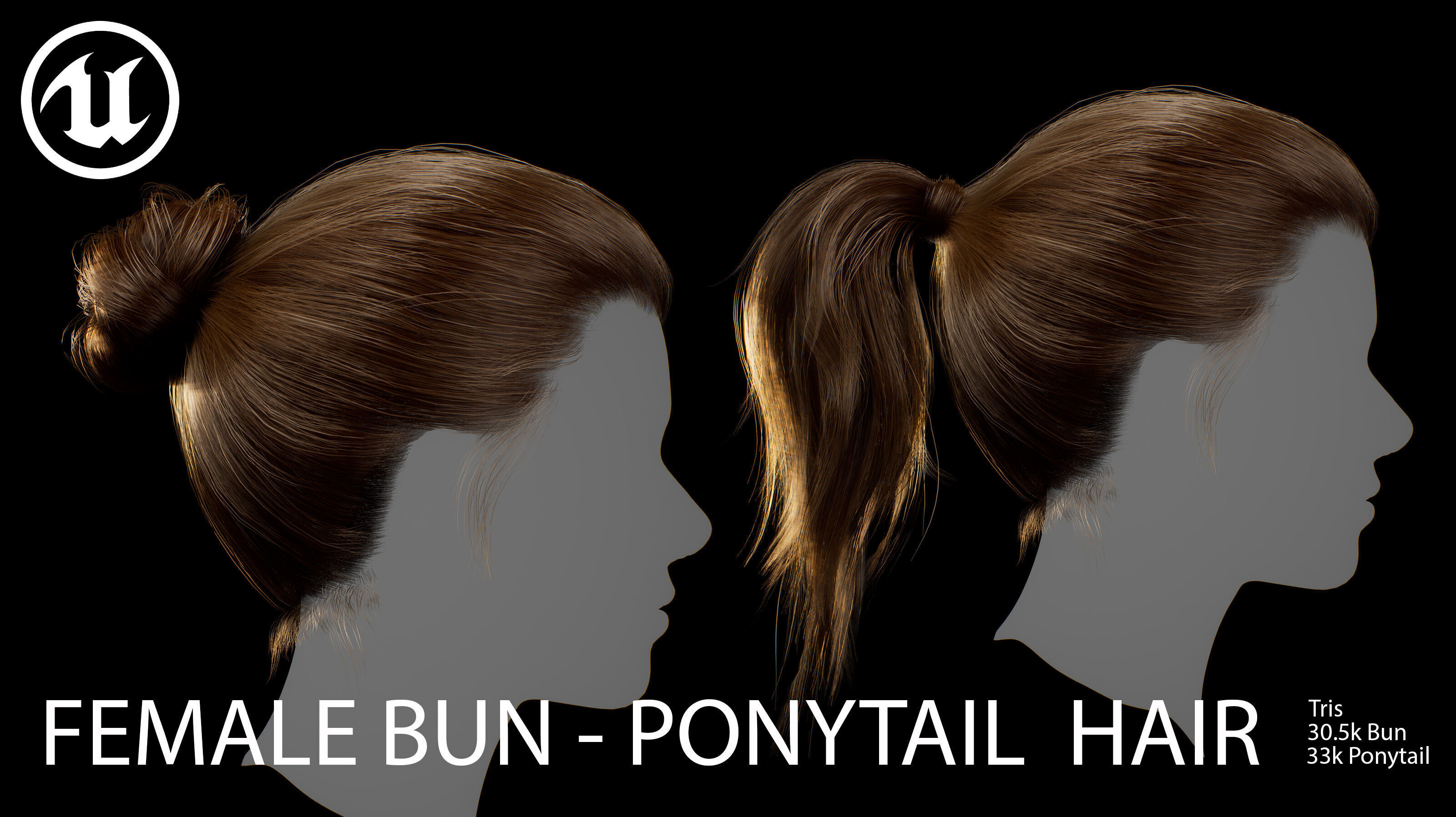 Female Bun-Ponytail hairstyle real time hair - haircards Low-poly 3D model_2