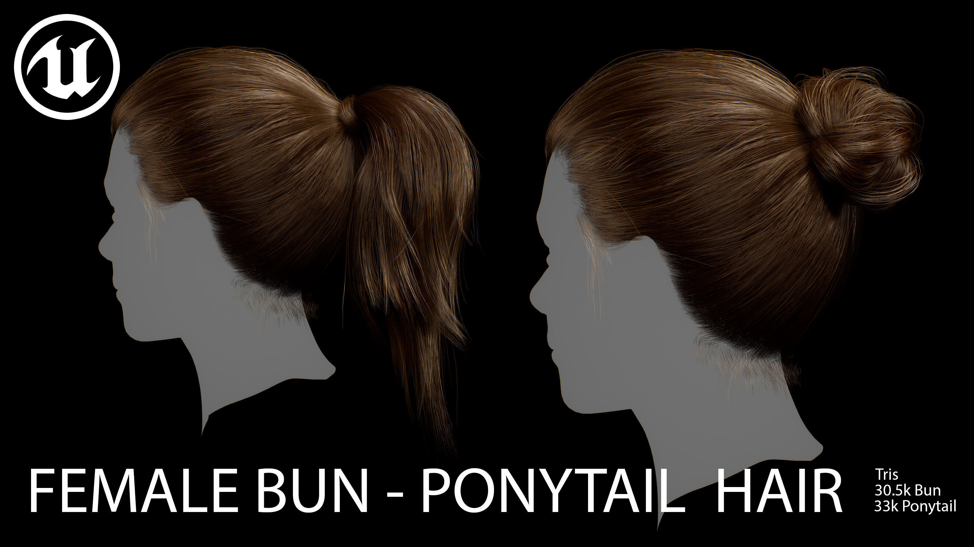 Female Bun-Ponytail hairstyle real time hair - haircards Low-poly 3D model_4