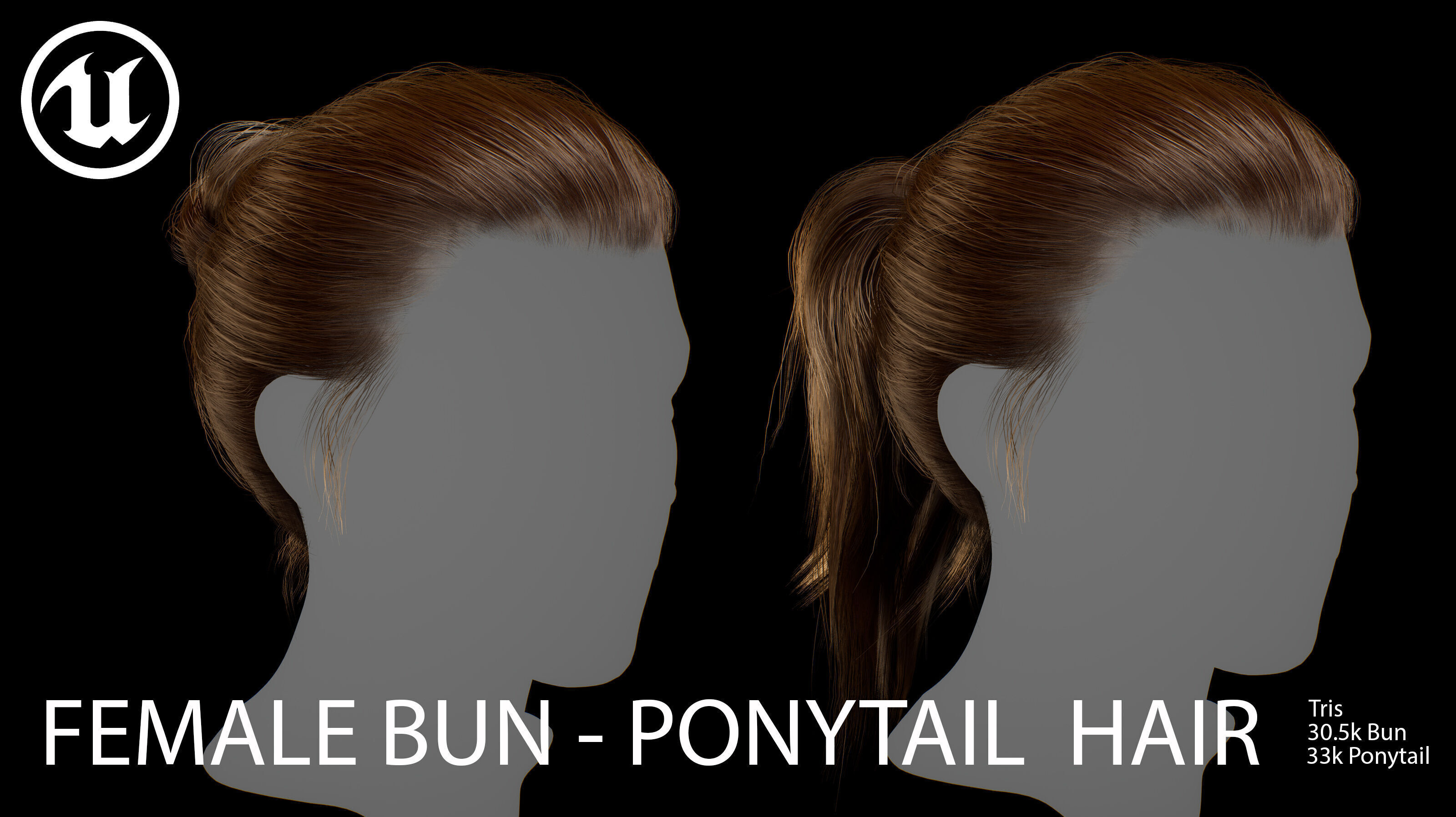 Female Bun-Ponytail hairstyle real time hair - haircards Low-poly 3D model_3