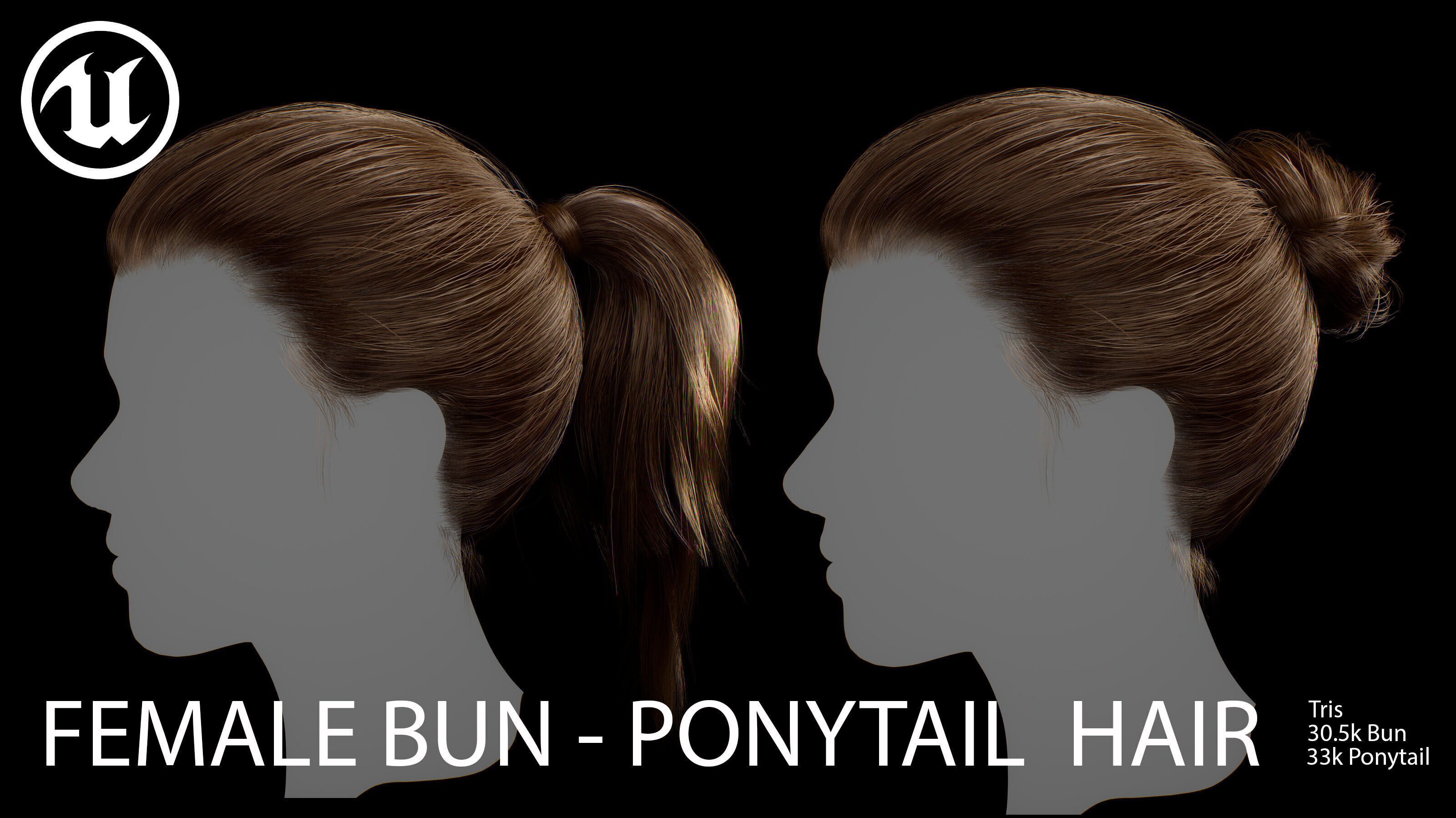 Female Bun-Ponytail hairstyle real time hair - haircards Low-poly 3D model_6