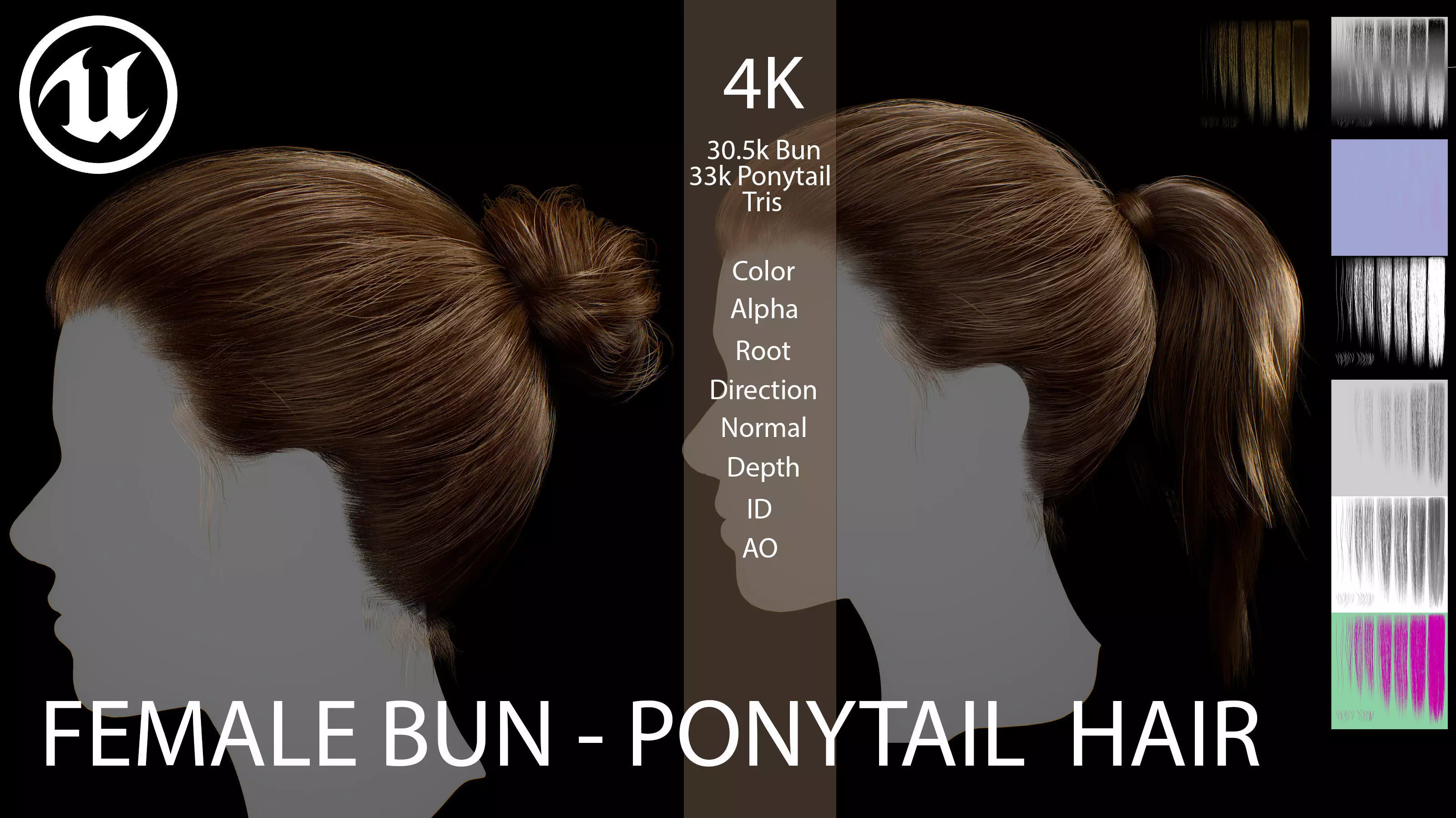 Female Bun-Ponytail hairstyle real time hair - haircards Low-poly 3D model_0