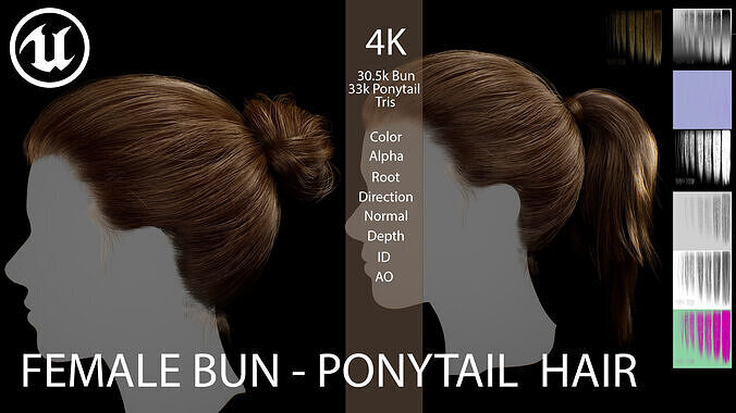 Female Bun-Ponytail hairstyle real time hair - haircards Low-poly 3D model