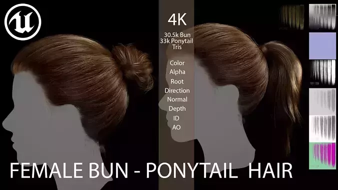 Female Bun-Ponytail hairstyle real time hair - haircards Low-poly 3D model Female Bun-Ponytail hairstyle real time hair - haircards Low-poly 3D model