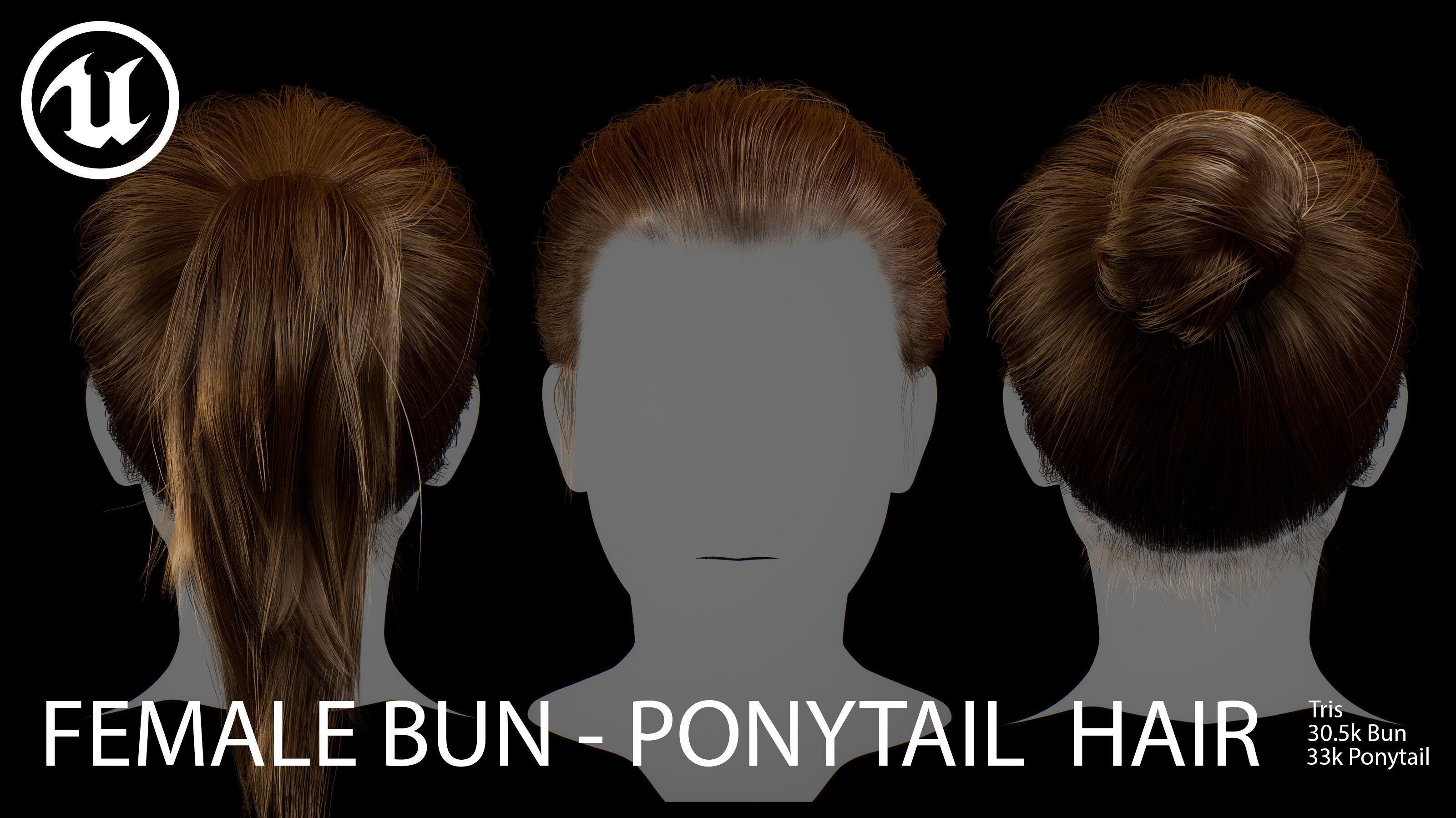 Female Bun-Ponytail hairstyle real time hair - haircards Low-poly 3D model_7