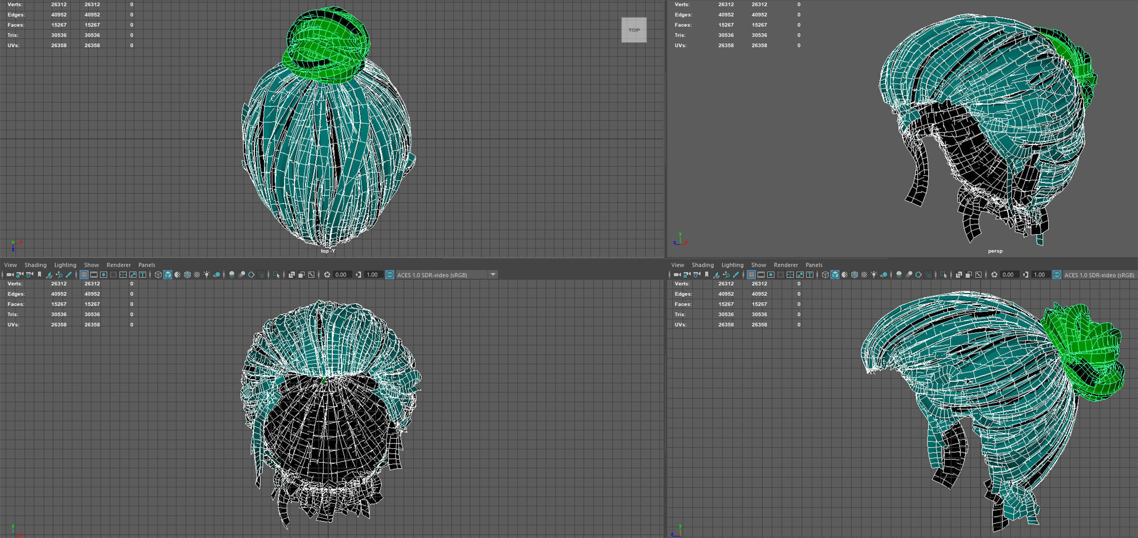 Female Bun-Ponytail hairstyle real time hair - haircards Low-poly 3D model_11