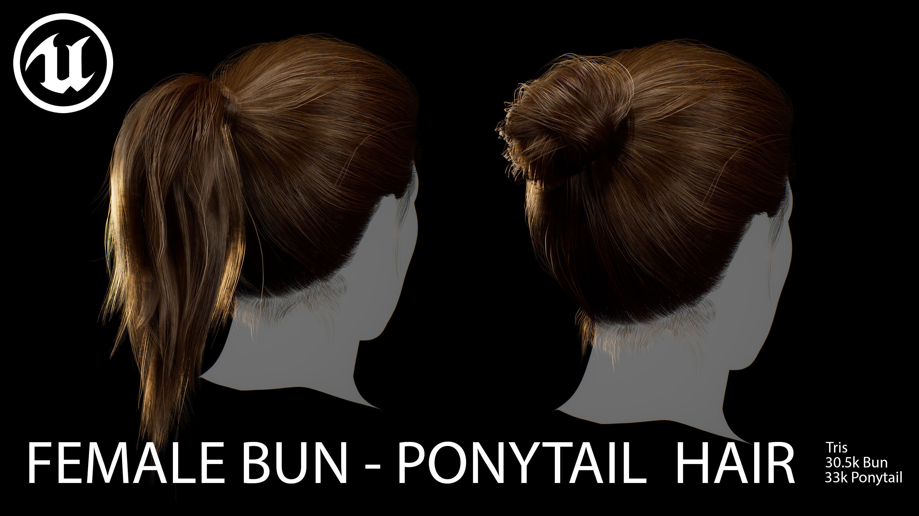 Female Bun-Ponytail hairstyle real time hair - haircards Low-poly 3D model_5
