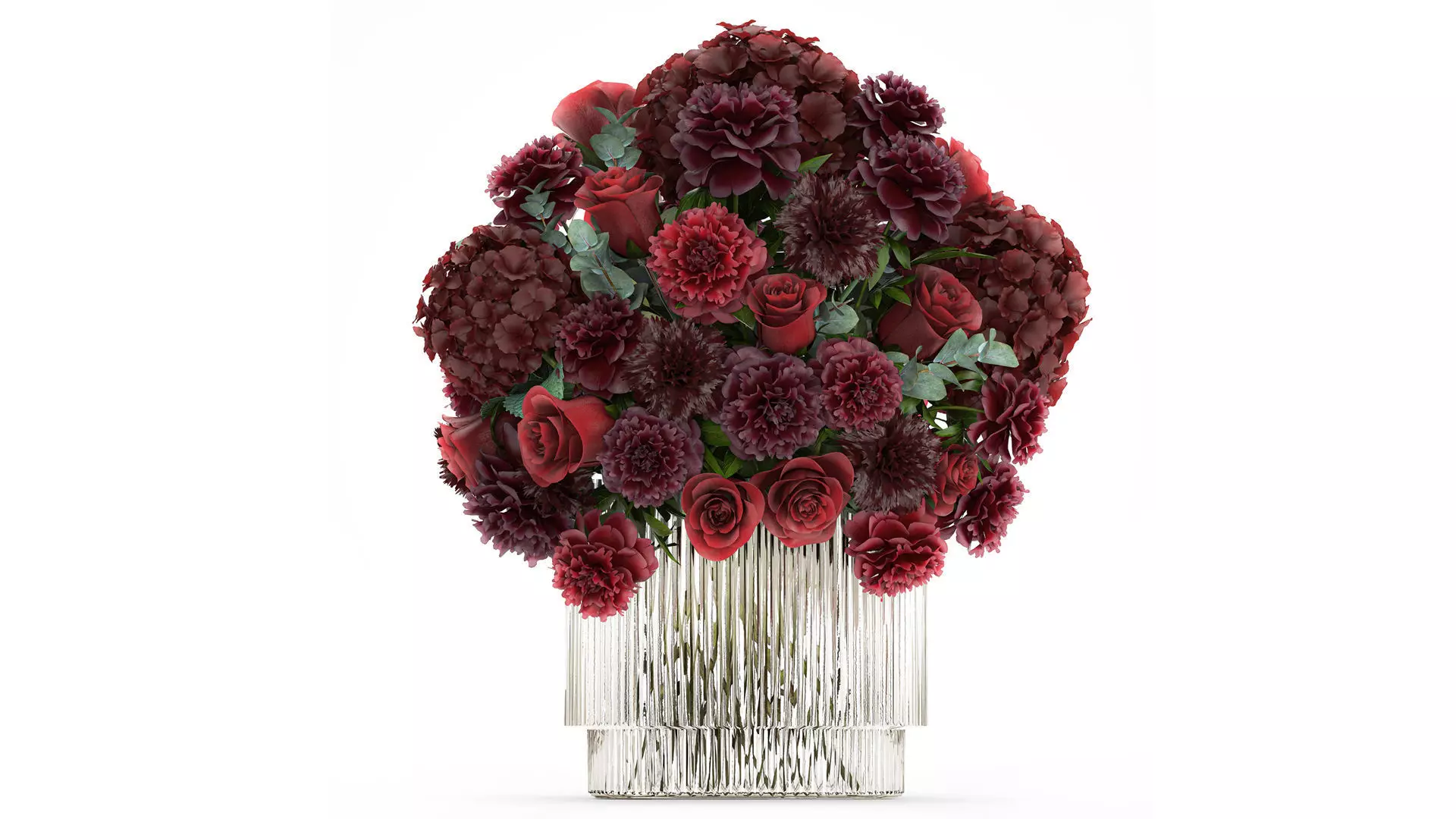Festive Bouquet Red Flowers Glass Vase Hydrangea 587 3D model_0