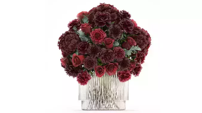Festive Bouquet Red Flowers Glass Vase Hydrangea 587 3D model