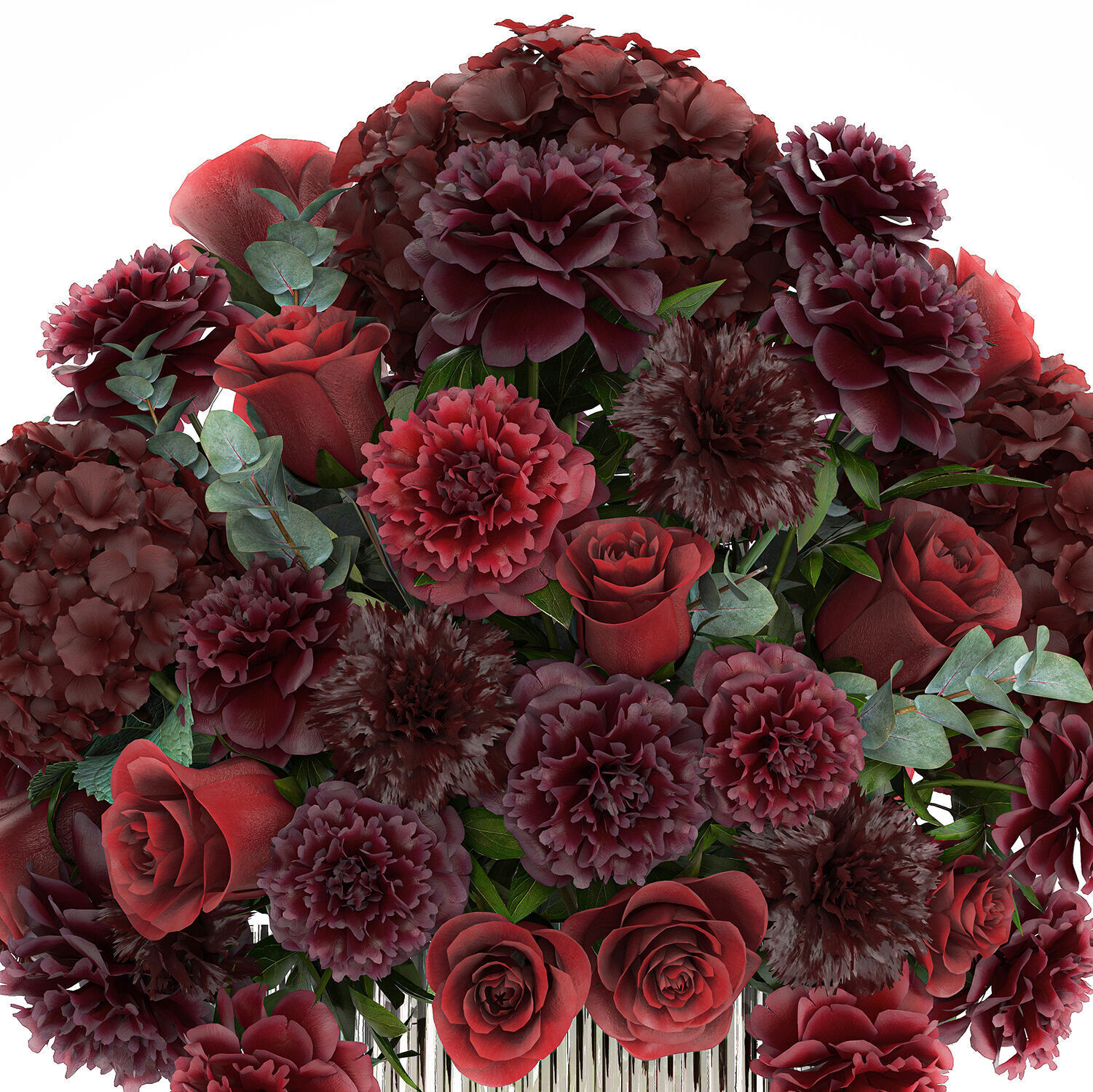 Festive Bouquet Red Flowers Glass Vase Hydrangea 587 3D model_10