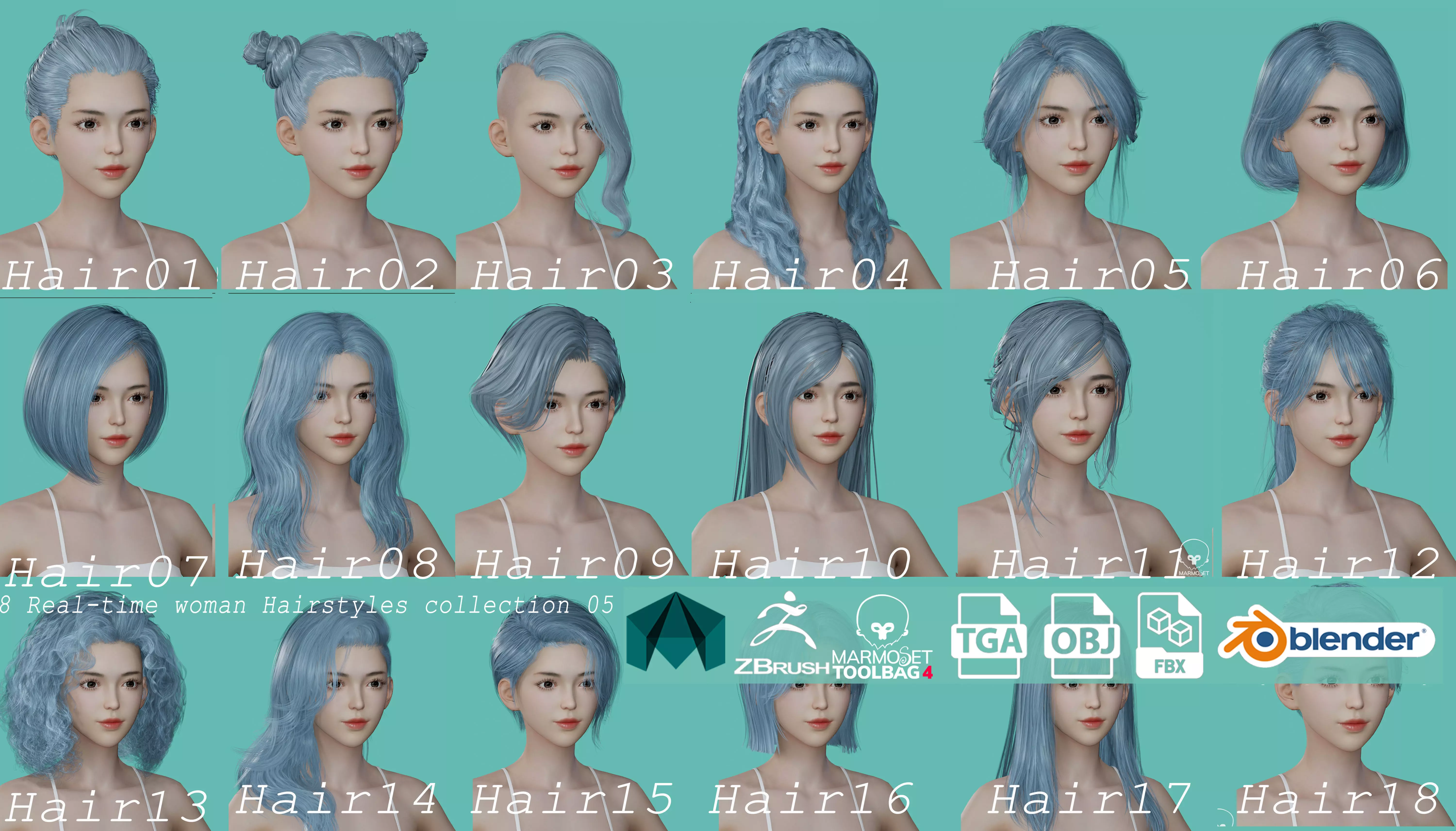 12 Real-time Women Hairstyles collection 05 Low-poly 3D model_0
