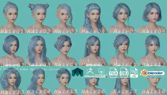 12 Real-time Women Hairstyles collection 05 Low-poly 3D model