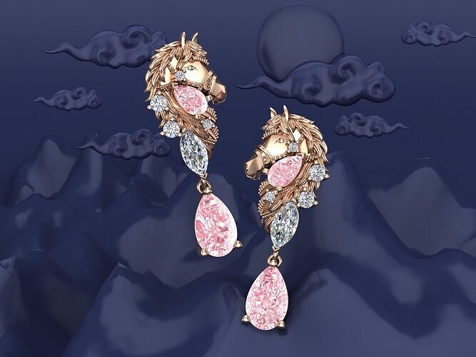 Horse Diamond and Gems 3D Cad Earrings Design  3D print model