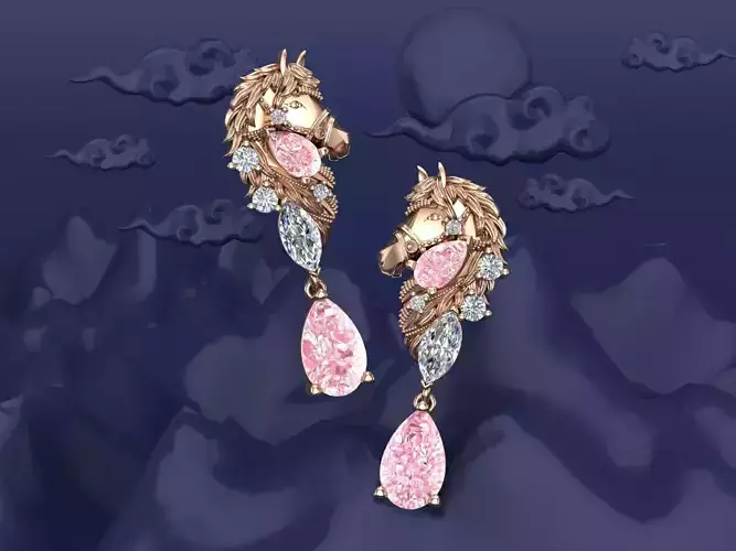 Horse Diamond and Gems 3D Cad Earrings Design 