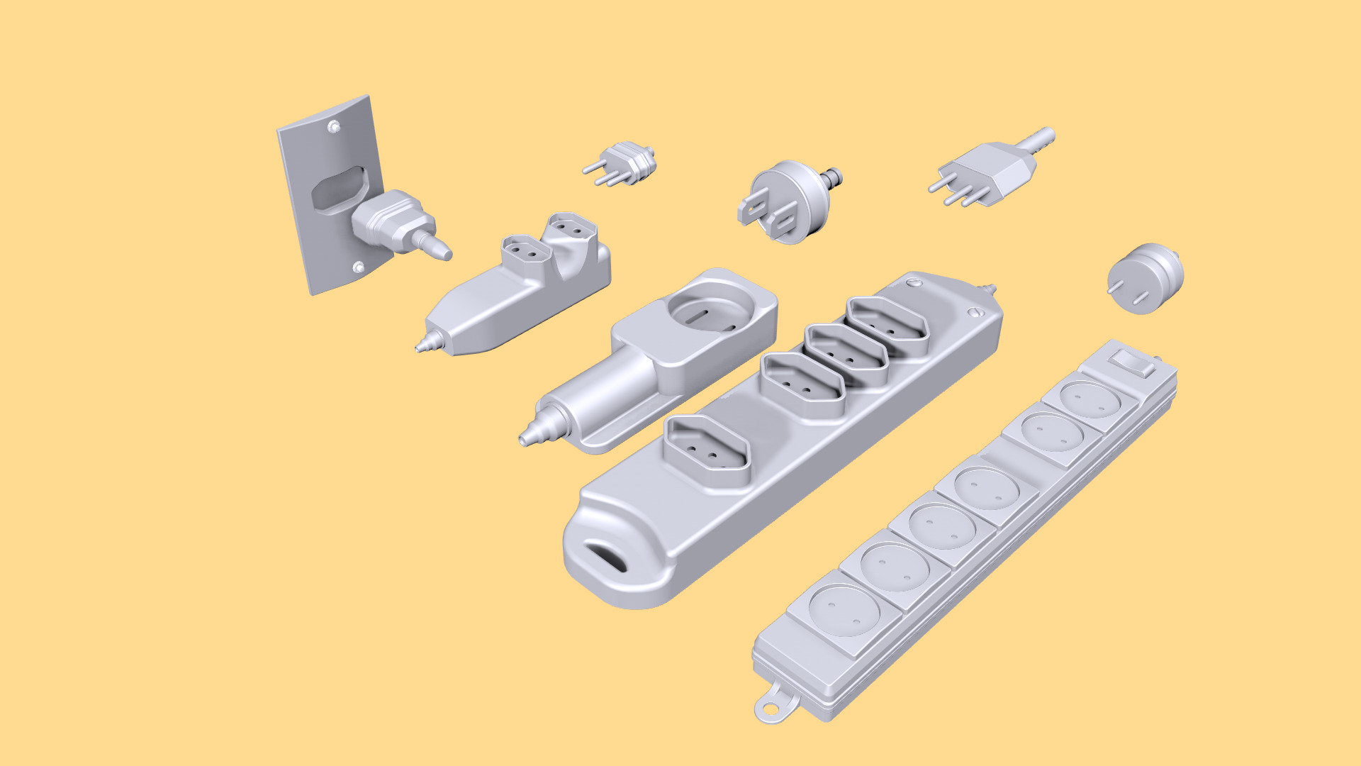 Extension cords socket plugs Kitbash Pack 3D model_2