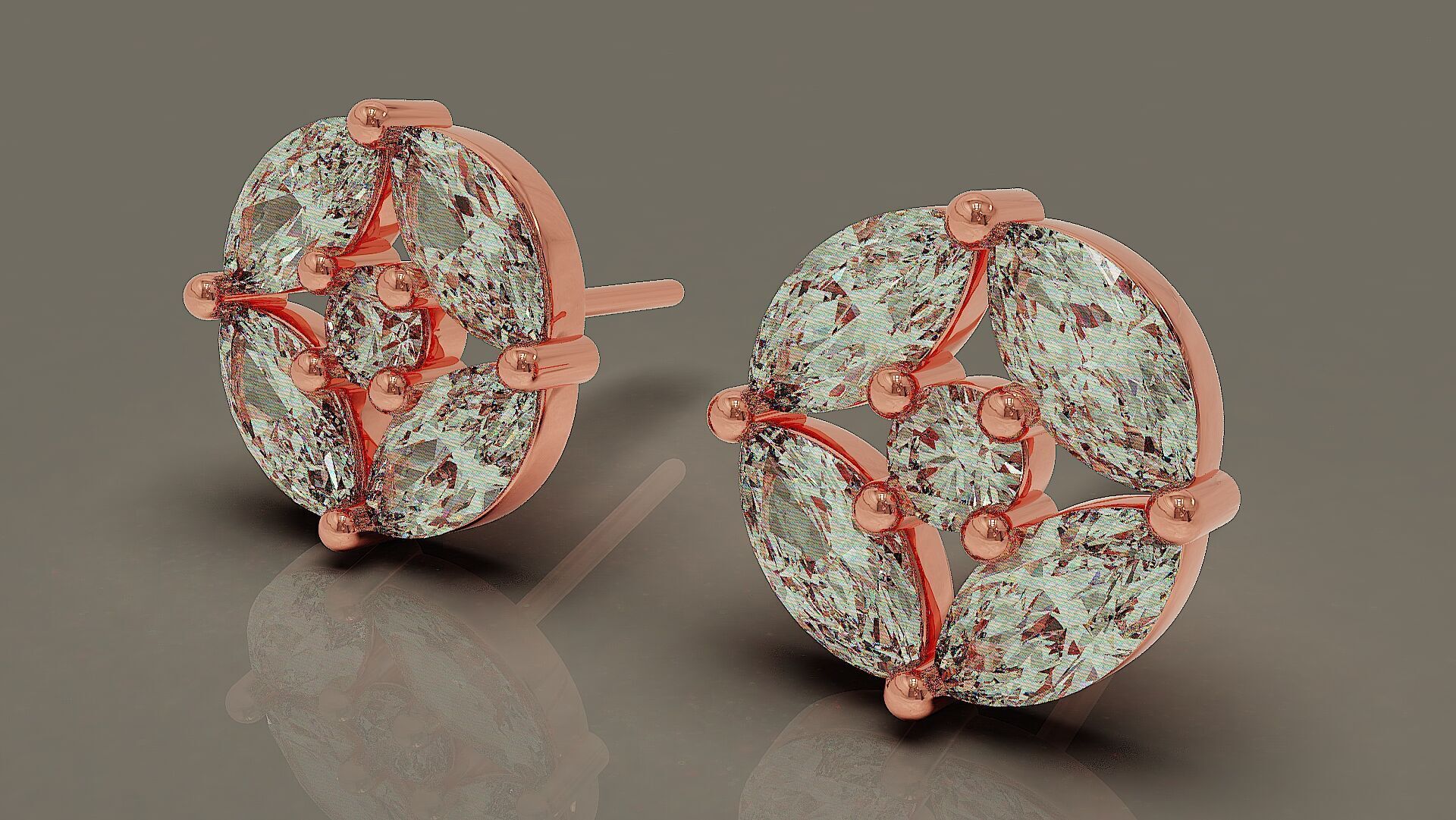 Prong set marquise and round shape diamonds stud earrings 3D print model_7