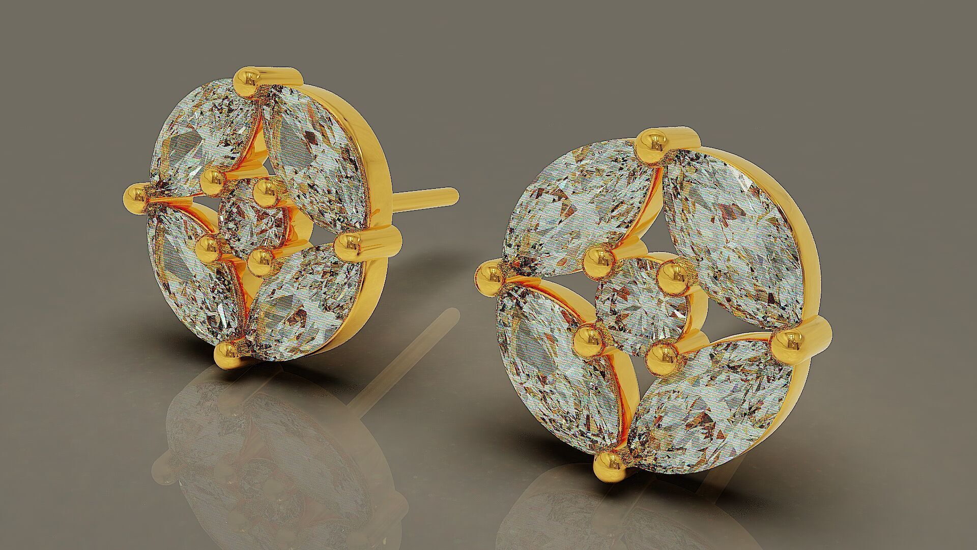 Prong set marquise and round shape diamonds stud earrings 3D print model_4