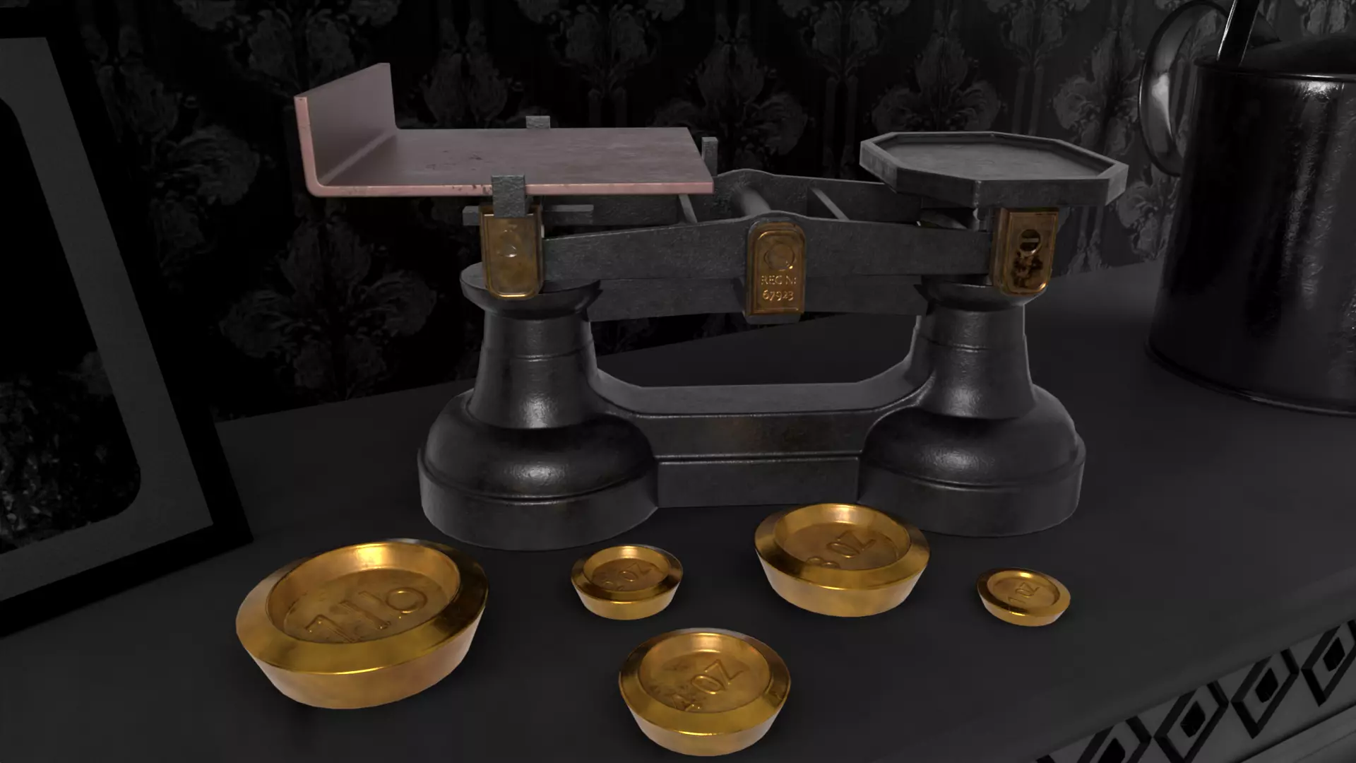 A Set Of Victorian Kitchen Scales and Weights Low-poly 3D model_0