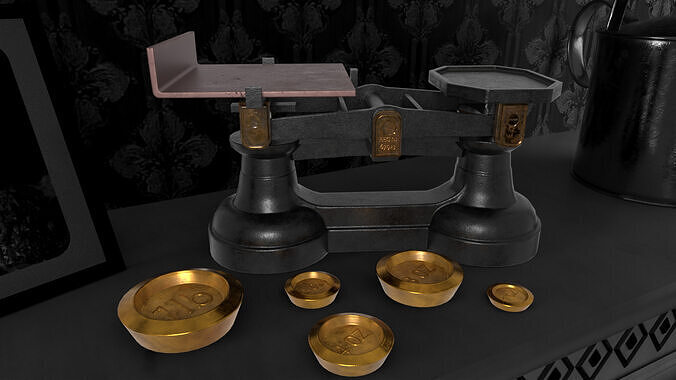 A Set Of Victorian Kitchen Scales and Weights Low-poly 3D model