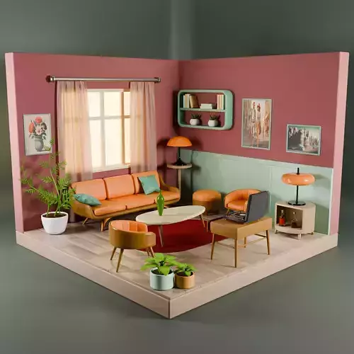 Isometric Retro Living Room  Low Poly 3D Scene