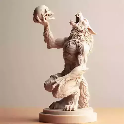  582  Ivory  Werewolf  Howling with Skull  3D Model
