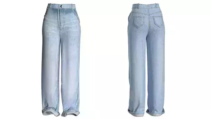 High-Waisted Denim Pants 3D Model CLO MD FBX OBJ Low-poly 3D model