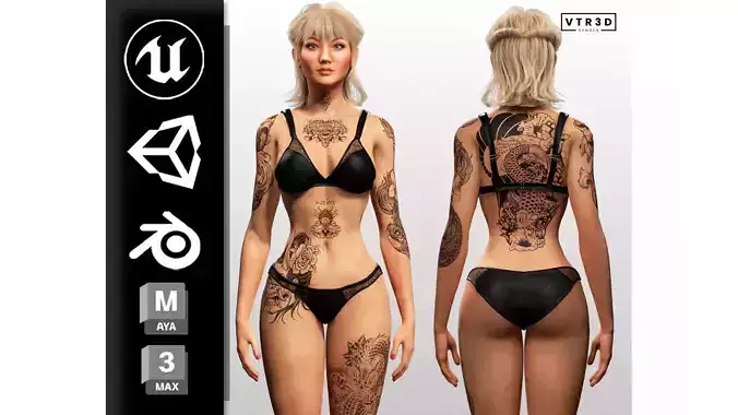 Realistic Tattooed Female Low-poly 3D model