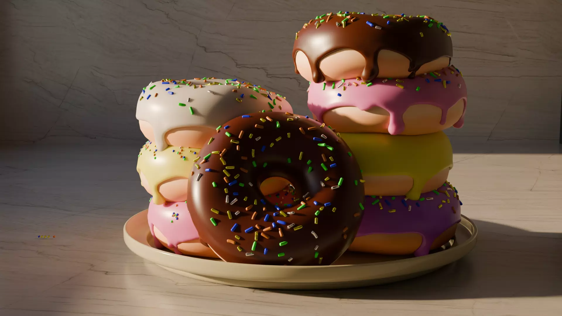 Colorful Donut Stack 3D Model And Free Plate High Poly  Blender  3D model_0
