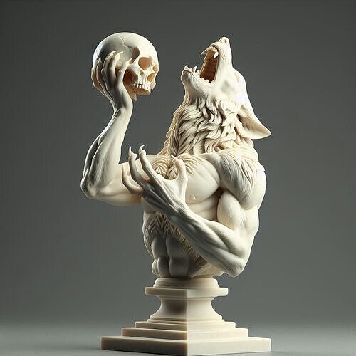 587  Ivory  Werewolf Howling with Skull  3D Model 3D print model