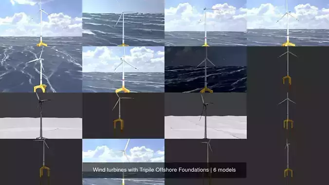 Wind turbines with Tripile Offshore Foundations 3D Model Collection