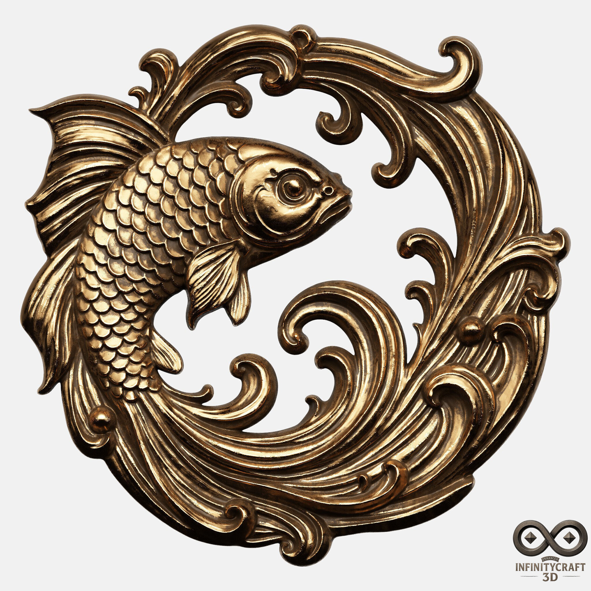 Ornamental Koi Sculpture CNC and 3D Printable Wall Relief 3D print model_1