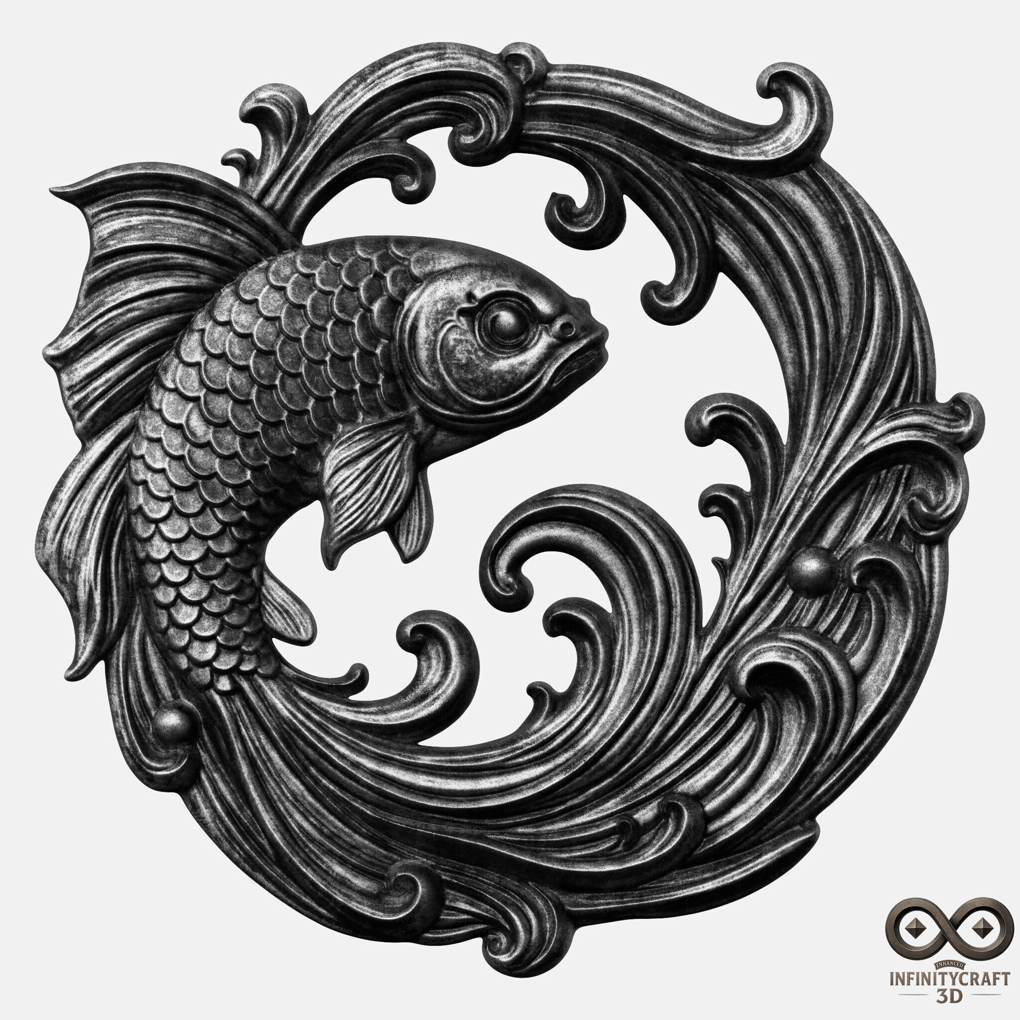 Ornamental Koi Sculpture CNC and 3D Printable Wall Relief 3D print model_4