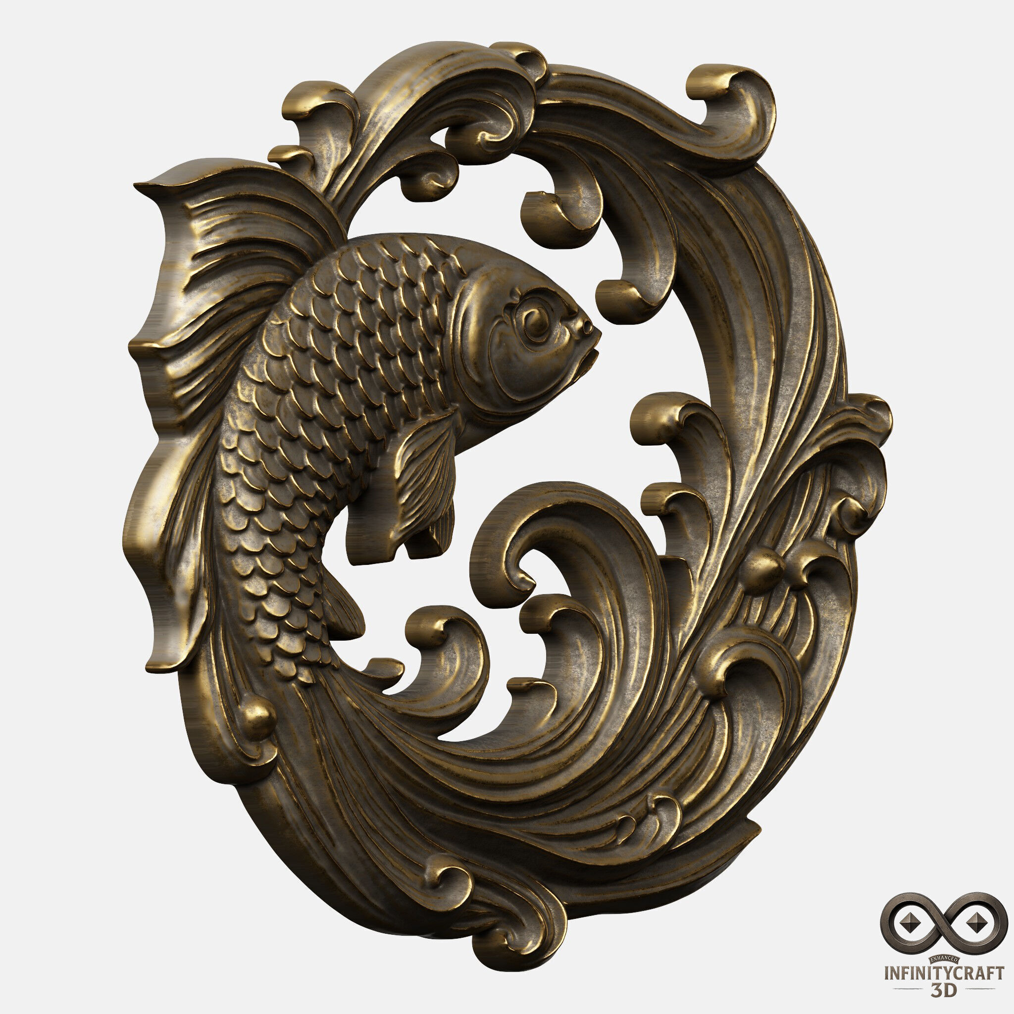 Ornamental Koi Sculpture CNC and 3D Printable Wall Relief 3D print model_7